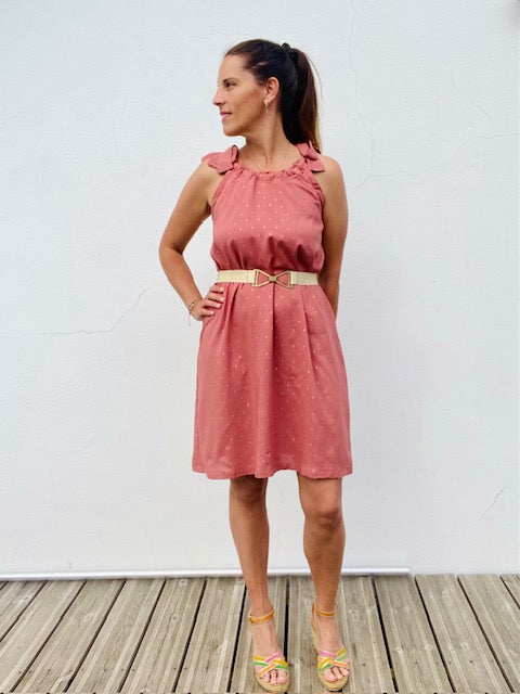 Woman wearing the Beach Top and Dress sewing pattern from You Made My Day on The Fold Line. A dress pattern made in Tencel, viscose, double gauze or cotton fabrics, featuring an above knee length, sleeveless, relaxed fit, shoulder straps which are threade