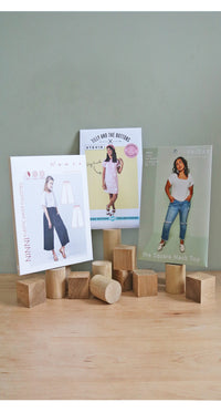 Photo showing the Perfect for Beginners: Sewing Pattern Bundle which includes the Square Neck Top, Stevie Tunic and Ninni Culottes. This set is ideal for a beginner sewist and is perfect for a present or gift.