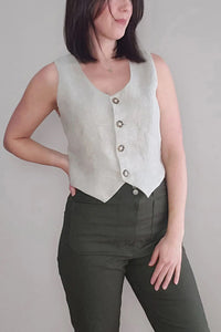 Women wearing the Birch Vest sewing pattern from Pattern Scout on The Fold Line. A waistcoat pattern made in linen, cotton poplin, cotton twill, wool suiting, and denim fabrics, featuring a full lining, princess seams, deep scoop neckline, and front butto