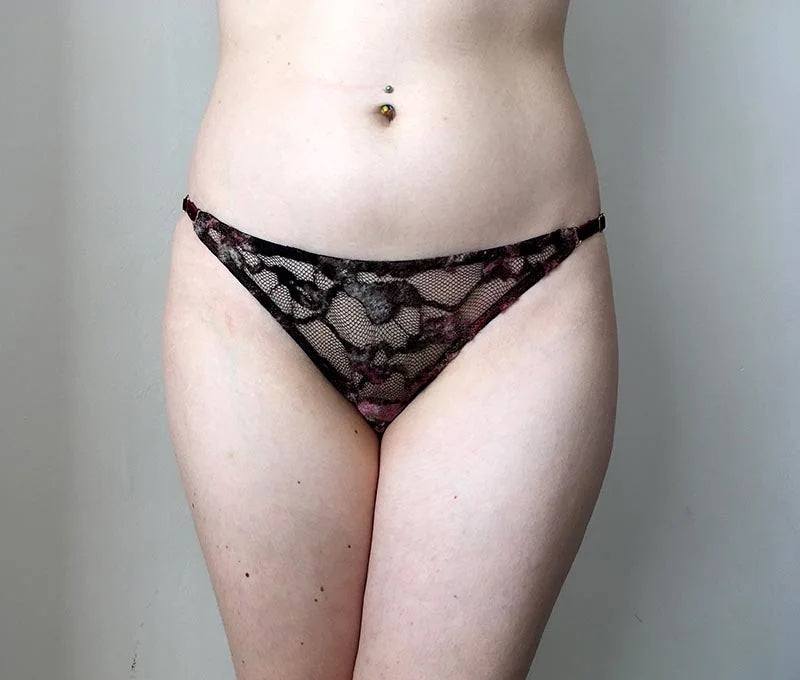 Women wearing the Blossom Knicker sewing pattern from Sew Projects on The Fold Line. A briefs pattern made in lace, stretch satin, soft mesh, stretch lace or embroidered mesh fabrics, featuring adjustable side straps, small to medium bum coverage, sits at