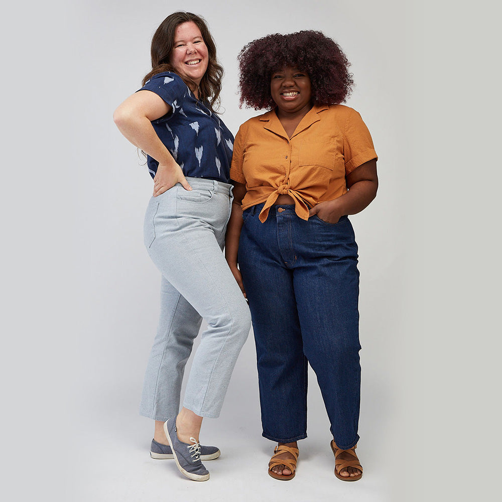 Women wearing the Brooks Jeans sewing pattern from Helen's Closet on The Fold Line. A jeans pattern made in denim, bull denim, cotton twill, corduroy or canvas fabrics, featuring a classic cut, high-waist, slightly tapered legs, zipper fly, front, back an