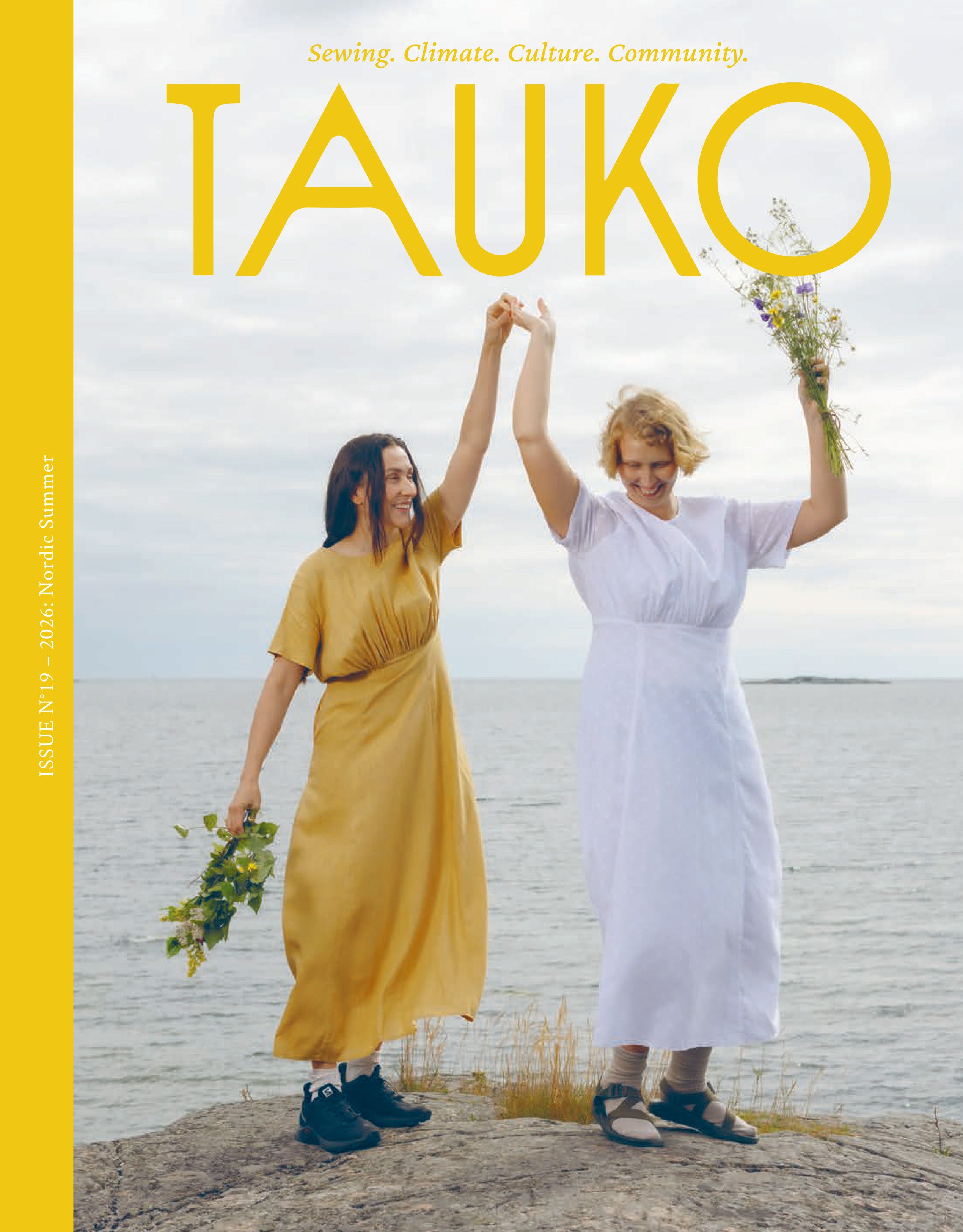 Issue No. 19 of TAUKO Magazine on The Fold Line. This issue includes nine sewing patterns celebrating the unique spirit of the Nordic summer.