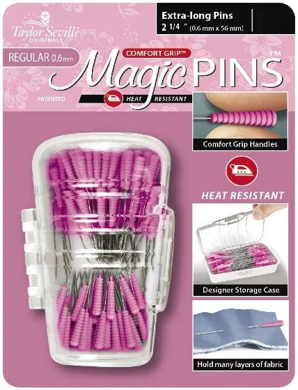 Magic Extra-Long Pins REGULAR (0.6 mm) from Taylor Seville on The Fold Line. 50 pins featuring a patented comfort grip silicone head and a super sharp point.
