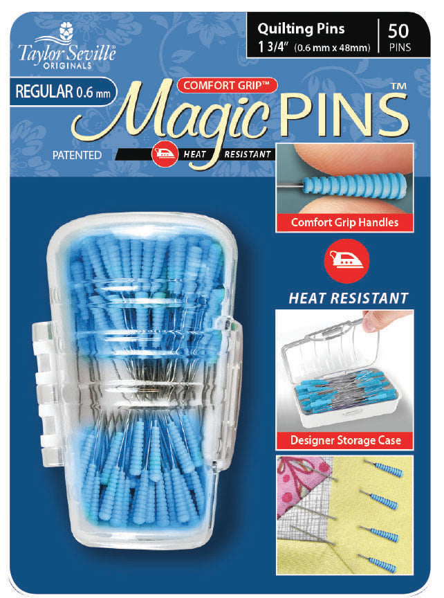 Magic Quilting Pins REGULAR (0.6 mm) from Taylor Seville on The Fold Line. 50 pins featuring a patented comfort grip silicone head and a super sharp point.