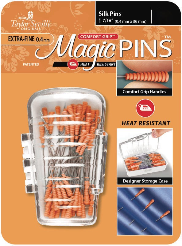 Magic Silk Pins EXTRA-FINE (0.4 mm) from Taylor Seville on The Fold Line. 50 pins featuring a patented comfort grip silicone head and a super sharp point.