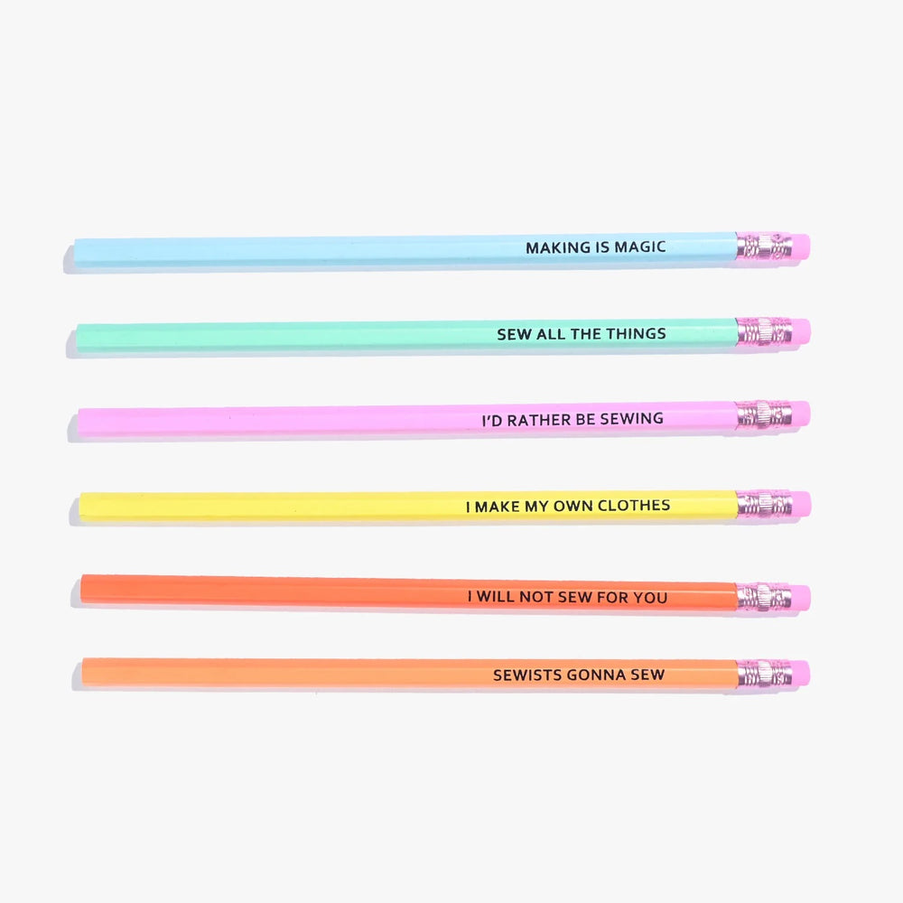 Sewing Themed Pencils from Kylie & The Machine on The Fold Line. The pack includes 6 HB pencils with a hexagonal barrel and end eraser.