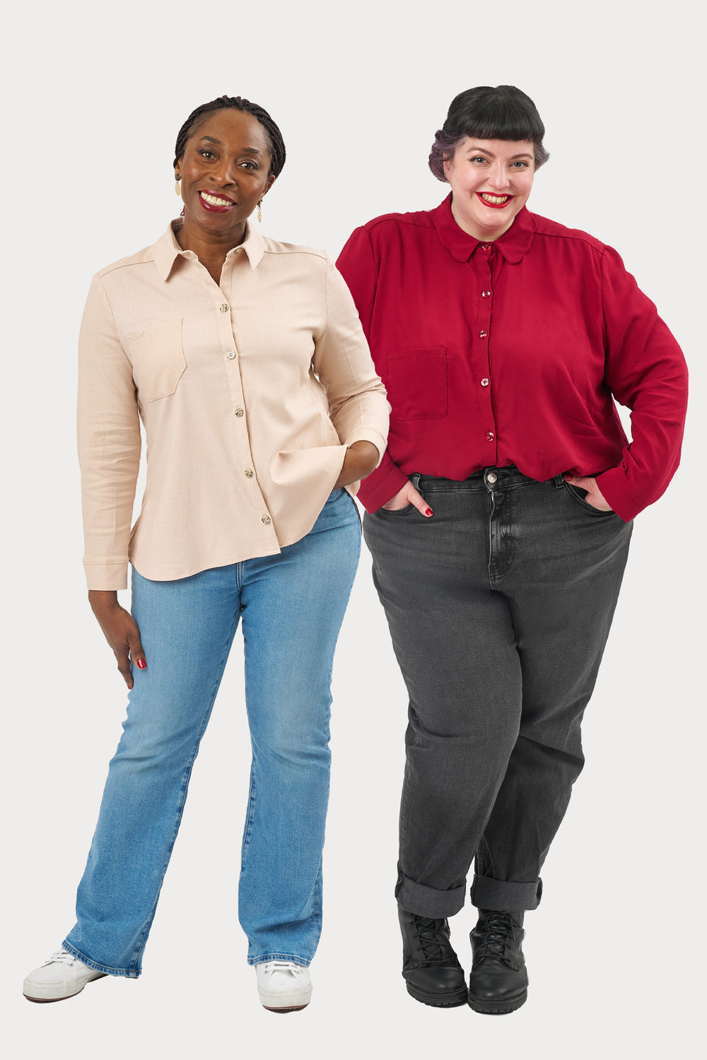 Women wearing the Amy Shirt sewing pattern from Sew Over It on The Fold Line. A shirt pattern made in cotton lawn, poplin, viscose, viscose linen, or shirting fabric, featuring a collar and collar stand, back yoke, front button placket, long sleeves with buttoned cuffs, a chest pocket, and curved hem.