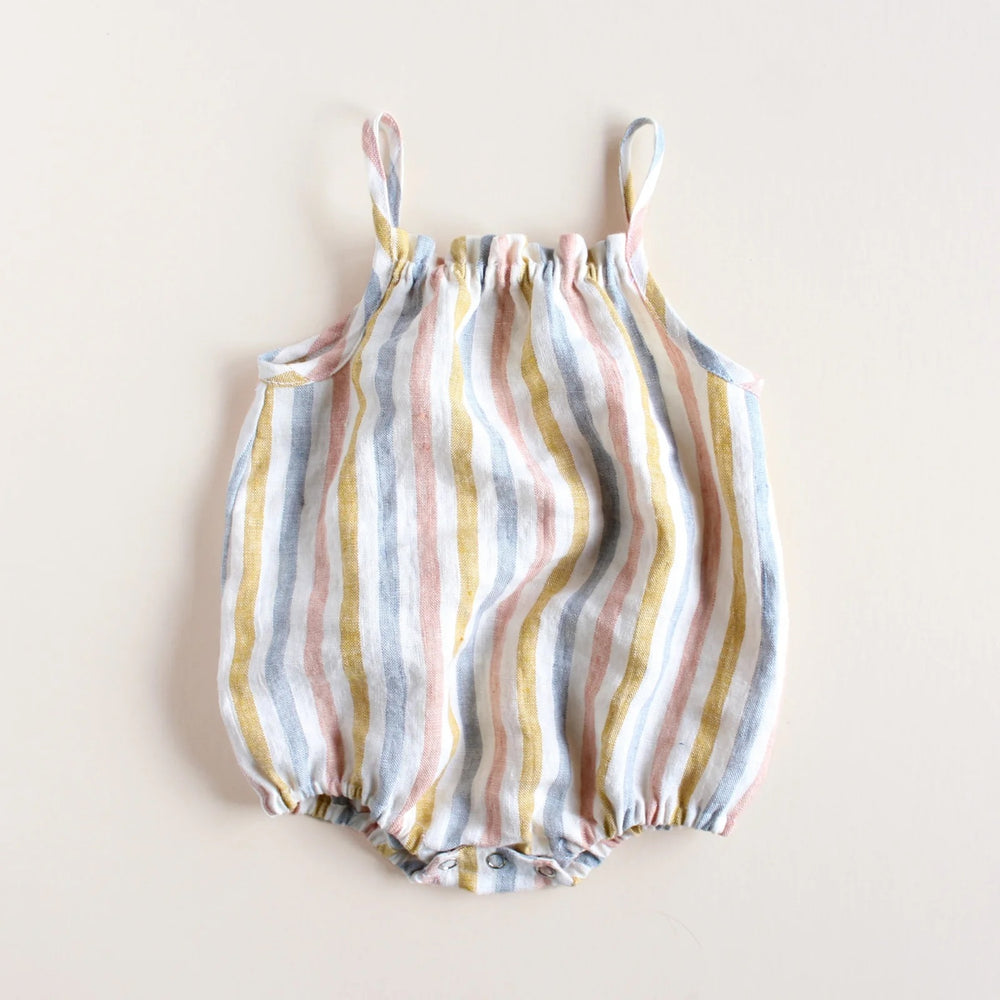 The Baby/Child Lola Romper sewing pattern from Oh Me Oh My Sewing on The Fold Line. A romper pattern made in quilting cotton, washed linen, double gauze, cotton lawn, voile, or rayon challis fabric, featuring a bubble silhouette, ruffle at the neckline, bias tape straps, and snap opening at the bottom.