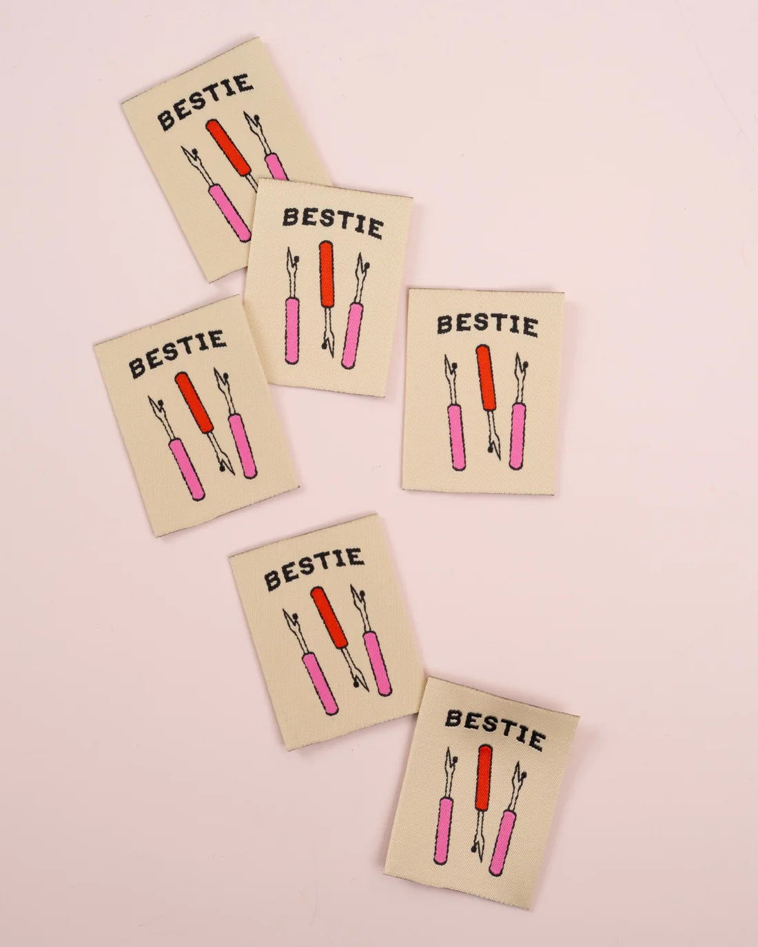 'Bestie Seam Ripper Large' woven labels from Matchy Matchy Sewing Club on The Fold Line. The pack includes 6 woven labels to sew onto your handmade clothes and accessories.