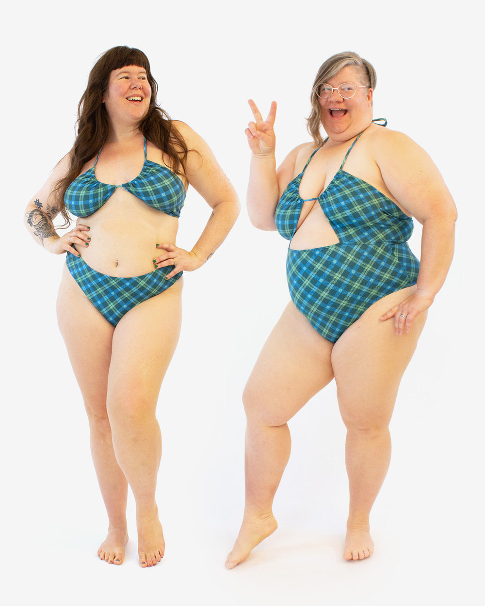 Women wearing the Breakwater Swimsuit sewing pattern from Helen's Closet on The Fold Line. A strappy swimsuit pattern made in swimwear fabric, featuring a two piece swimsuit or a one piece swimsuit with front and back cutouts.