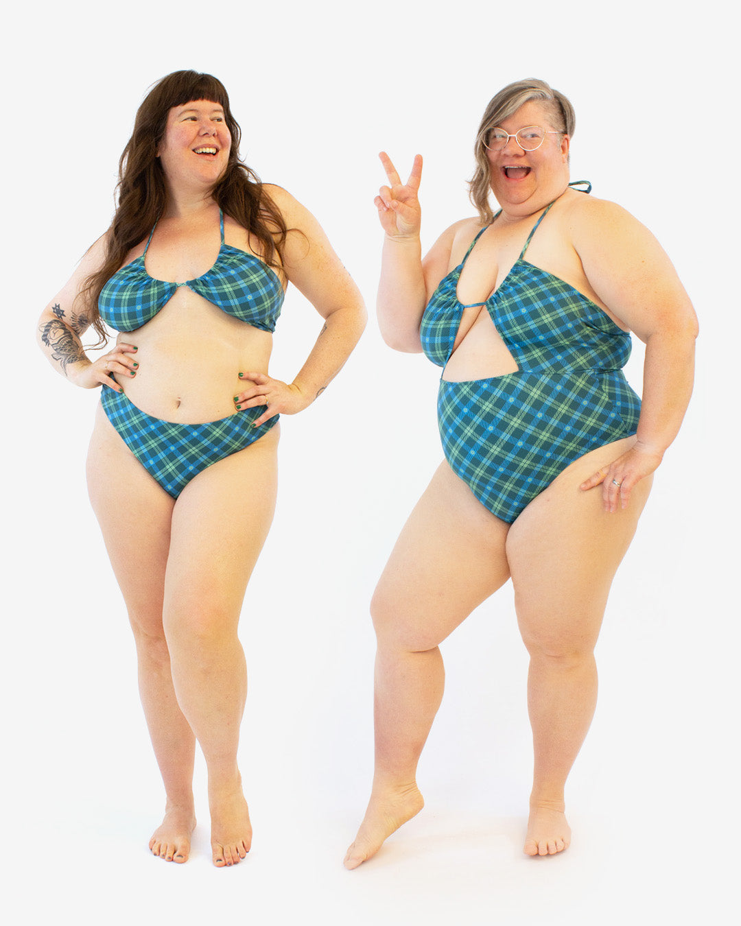 Women wearing the Breakwater Swimsuit sewing pattern from Helen's Closet on The Fold Line. A strappy swimsuit pattern made in swimwear fabric, featuring a two piece swimsuit or a one piece swimsuit with front and back cutouts.