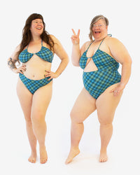 Women wearing the Breakwater Swimsuit sewing pattern from Helen's Closet on The Fold Line. A strappy swimsuit pattern made in swimwear fabric, featuring a two piece swimsuit or a one piece swimsuit with front and back cutouts.