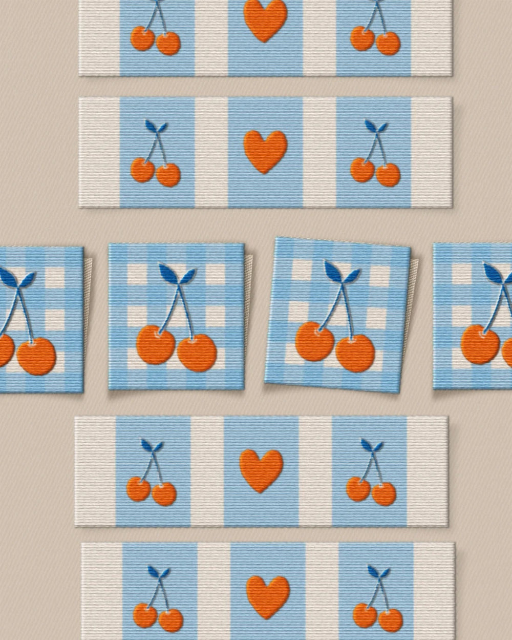 'Cherries Square and Rectangle' woven labels from Matchy Matchy Sewing Club on The Fold Line. The pack includes 8 woven labels to sew onto your handmade clothes and accessories.
