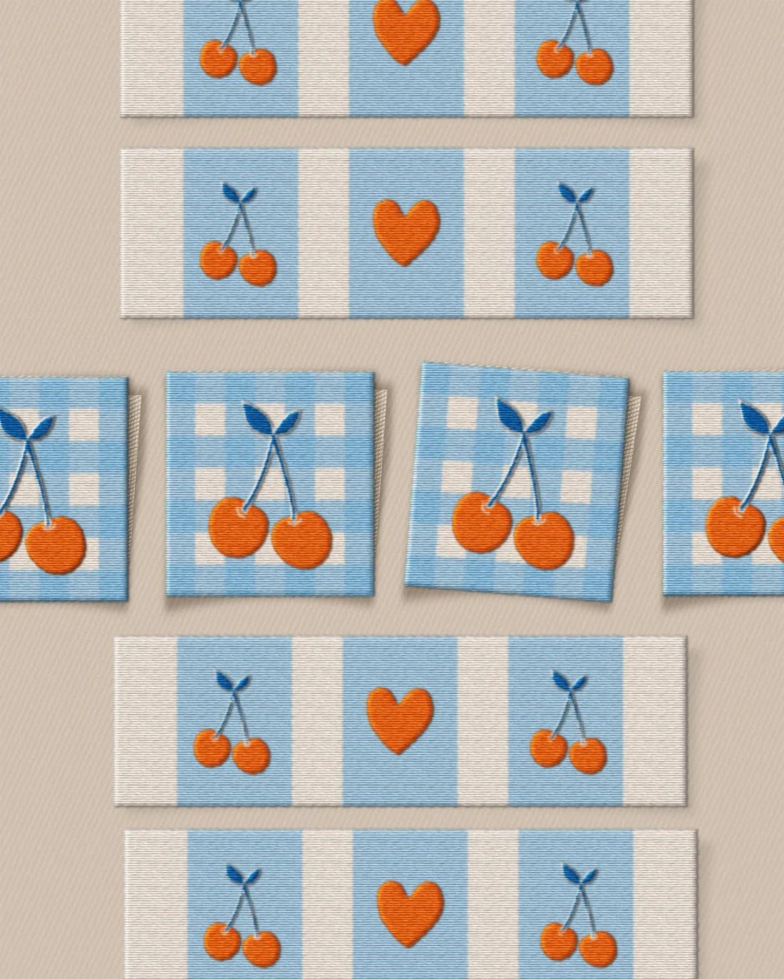 'Cherries Square and Rectangle' woven labels from Matchy Matchy Sewing Club on The Fold Line. The pack includes 8 woven labels to sew onto your handmade clothes and accessories.