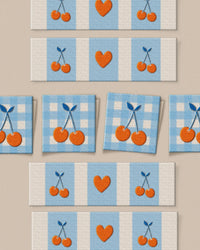 'Cherries Square and Rectangle' woven labels from Matchy Matchy Sewing Club on The Fold Line. The pack includes 8 woven labels to sew onto your handmade clothes and accessories.