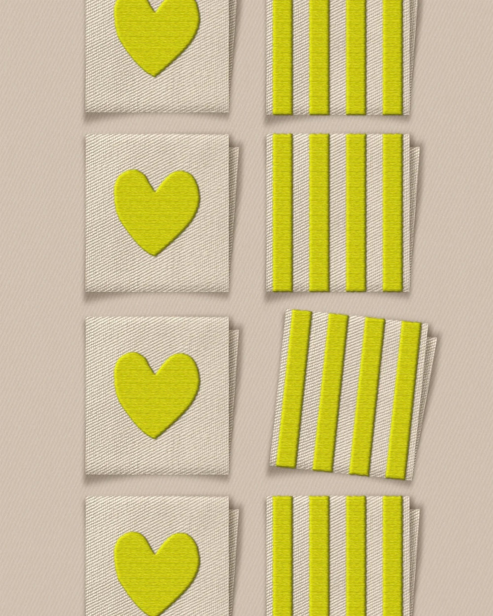 'Citron Heart and Stripe Square' woven labels from Matchy Matchy Sewing Club on The Fold Line. The pack includes 8 woven labels to sew onto your handmade clothes and accessories.