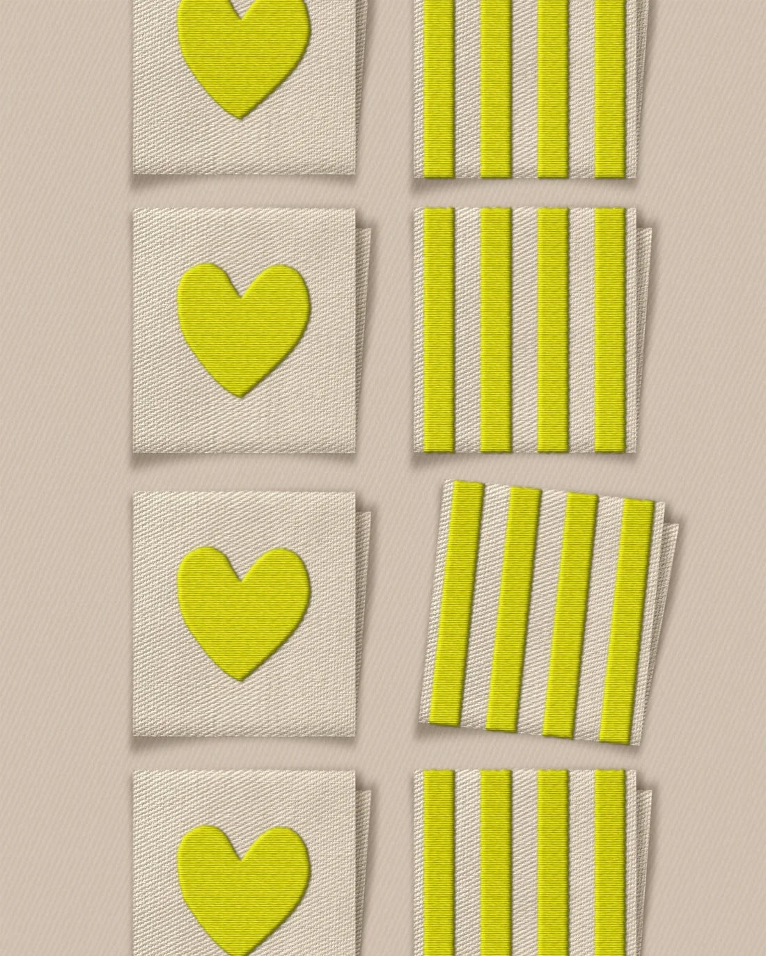 'Citron Heart and Stripe Square' woven labels from Matchy Matchy Sewing Club on The Fold Line. The pack includes 8 woven labels to sew onto your handmade clothes and accessories.
