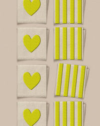 'Citron Heart and Stripe Square' woven labels from Matchy Matchy Sewing Club on The Fold Line. The pack includes 8 woven labels to sew onto your handmade clothes and accessories.