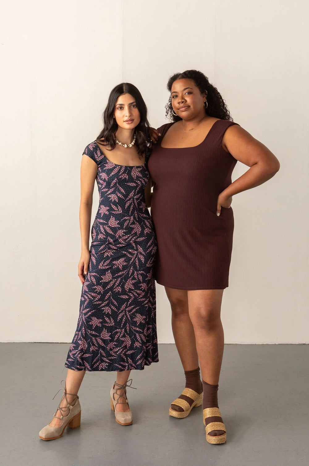Women wearing the Collins Dress sewing pattern from Friday Pattern Company on The Fold Line. A sleeveless dress pattern made in knit fabric, featuring a fitted silhouette, rounded square neckline, integrated shelf bra, and mini or midi length.