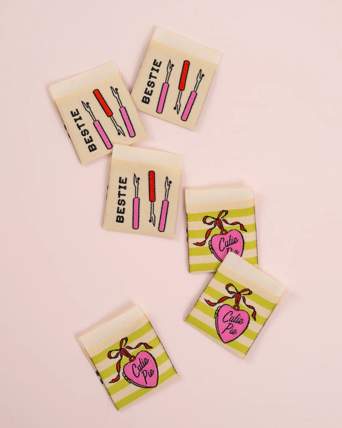 'Cutie Pie Bestie Square' woven labels from Matchy Matchy Sewing Club on The Fold Line. The pack includes 6 woven labels to sew onto your handmade clothes and accessories.