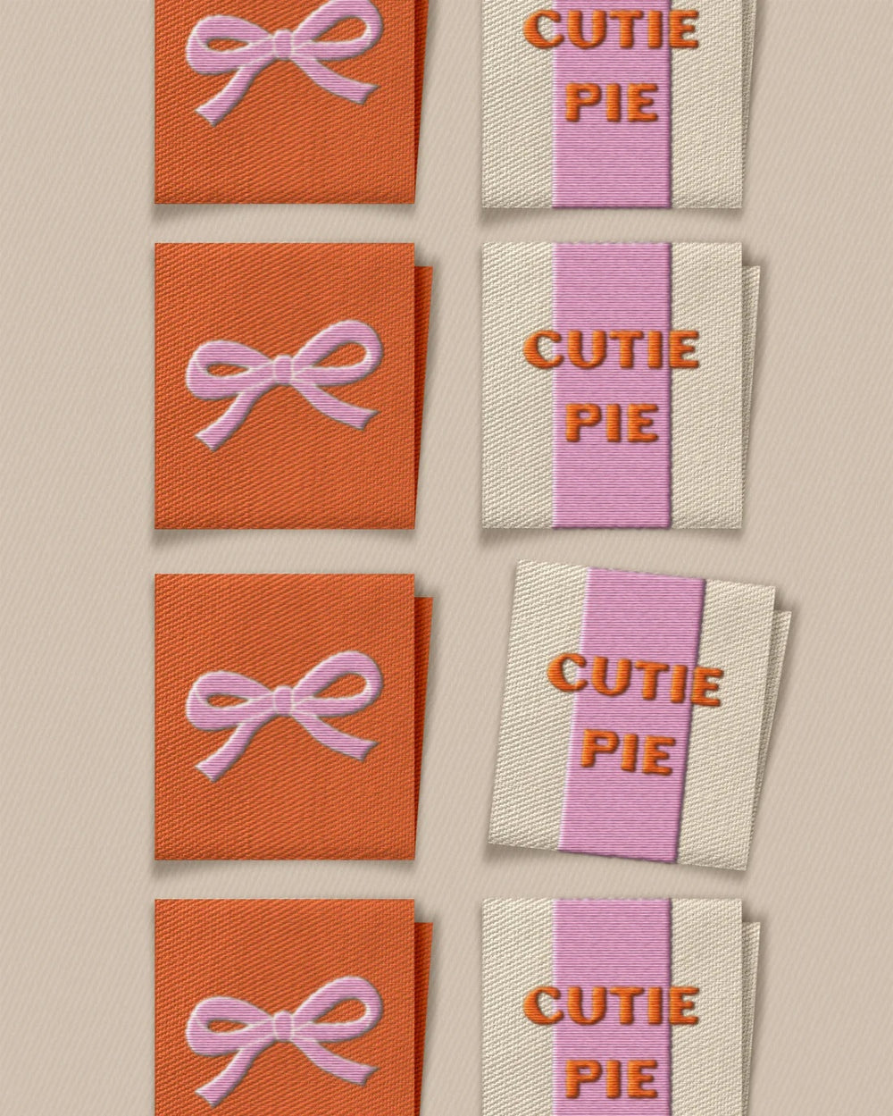 'Cutie Pie Bow Square' woven labels from Matchy Matchy Sewing Club on The Fold Line. The pack includes 8 woven labels to sew onto your handmade clothes and accessories.