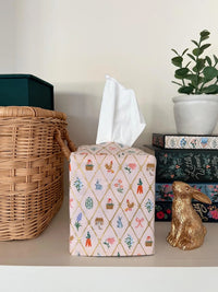 The Felix Tissue Box Cover sewing pattern from Me & Kiddo Patterns on The Fold Line. A tissue box cover pattern made in cotton or linen fabric.