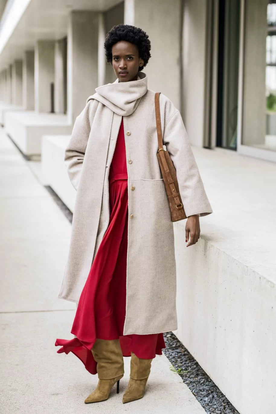 Woman wearing the Fiora Coat sewing pattern from Fibre Mood on The Fold Line. A lined coat pattern made in wool fabric, featuring an integrated scarf, dropped shoulders, front button closure, centre back vent, and pockets.