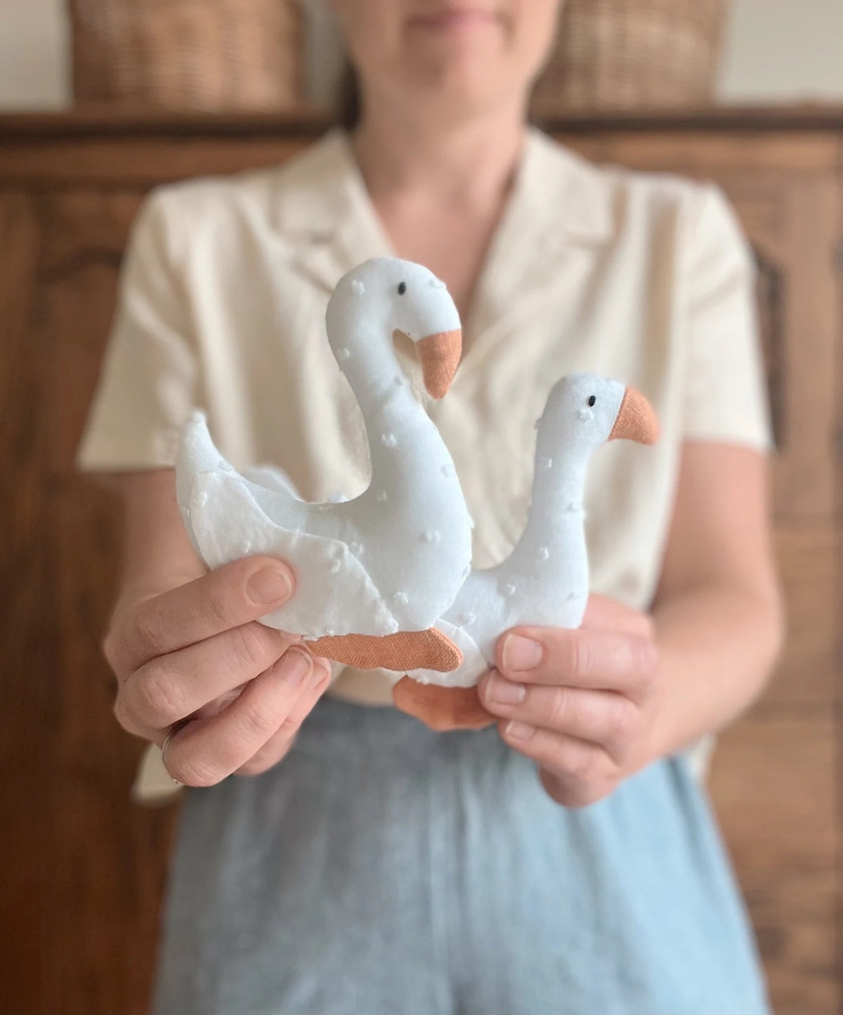 The Gavin Goose and Gaia Swan sewing pattern from Me & Kiddo Patterns on The Fold Line. A stuffed animal or Christmas ornament pattern made in cotton or linen fabric.