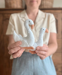 The Gavin Goose and Gaia Swan sewing pattern from Me & Kiddo Patterns on The Fold Line. A stuffed animal or Christmas ornament pattern made in cotton or linen fabric.