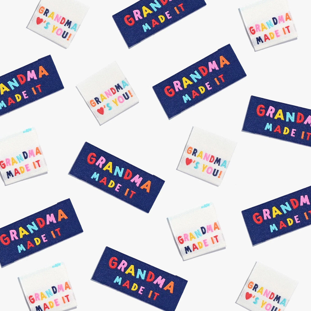 'Grandma Made It / Grandma Loves You!' woven labels from Kylie & The Machine on The Fold Line. The pack includes 6 woven labels ready to be sewn into your handmade clothes.