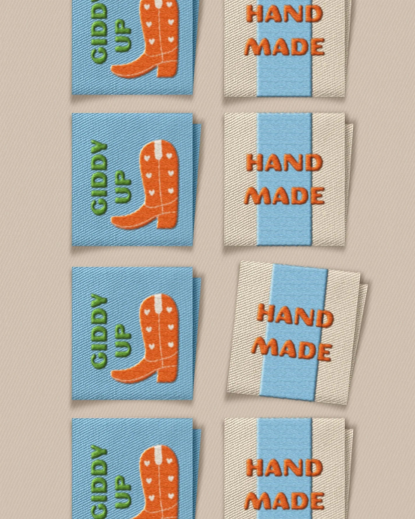'Hand Made Cowboy Boot Square' woven labels from Matchy Matchy Sewing Club on The Fold Line. The pack includes 8 woven labels to sew onto your handmade clothes and accessories.