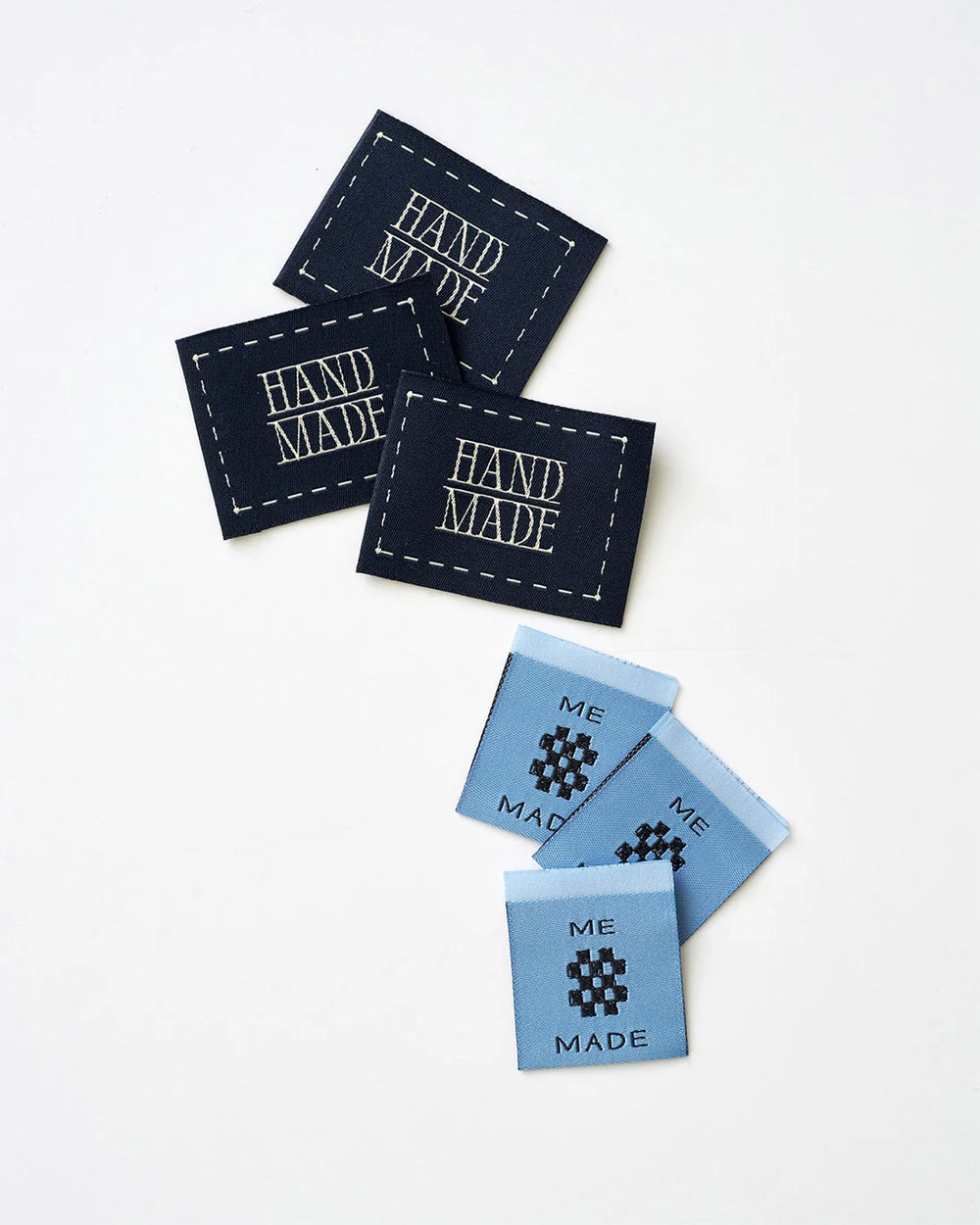 'Handmade Stitched Frame Blue' woven labels from Matchy Matchy Sewing Club on The Fold Line. The pack includes 6 woven labels to sew onto your handmade clothes and accessories.