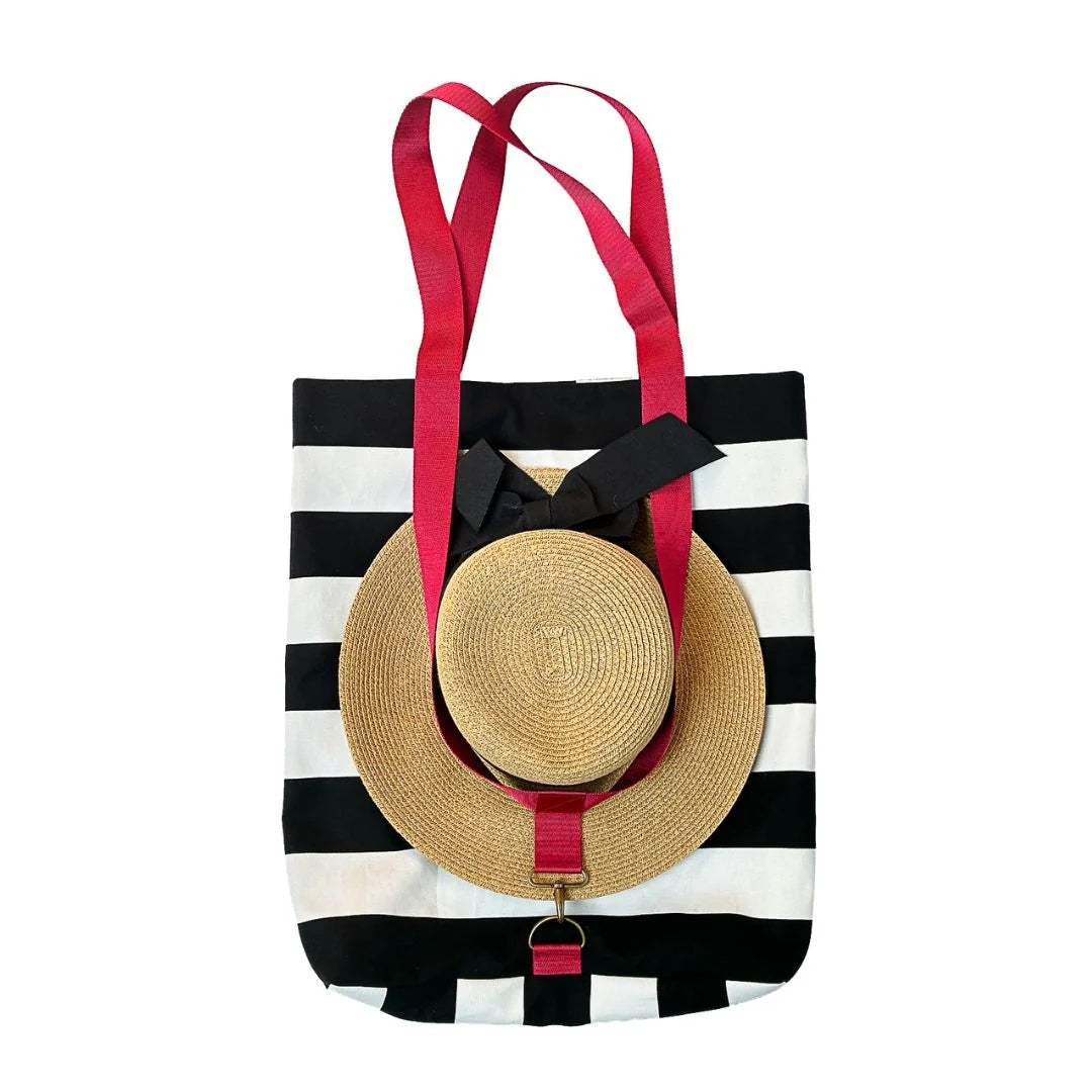 The Hattie Bag sewing pattern from Dhurata Davies Patterns on The Fold Line. A tote bag pattern made in canvas, cotton twill, denim, or linen fabric, featuring a full lining, internal pocket, and hat harness.