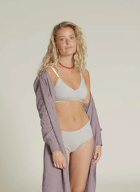 Woman wearing the Hipsters sewing pattern from Wardrobe by Me on The Fold Line. An underwear pattern made in jersey fabric, featuring a full-coverage boy cut.