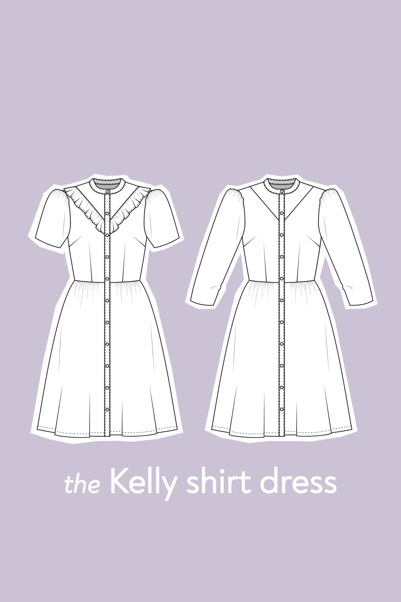 The Kelly Shirt Dress sewing pattern from Forget-me-not Patterns on The Fold Line. A dress pattern made in chambray, poplin, shirting, flannel, double gauze, swiss dot, stable viscose/rayon, or linen fabric, featuring a fitted darted bodice with a stand collar, button front, v-shaped inset with optional ruffle, gathered puff sleeves, and lightly gathered skirt.