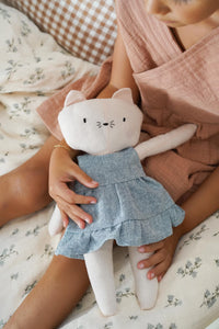 The Klara Kitten sewing pattern from Me & Kiddo Patterns on The Fold Line. A stuffed toy pattern made in linen or cotton fabric, featuring a removable dress.