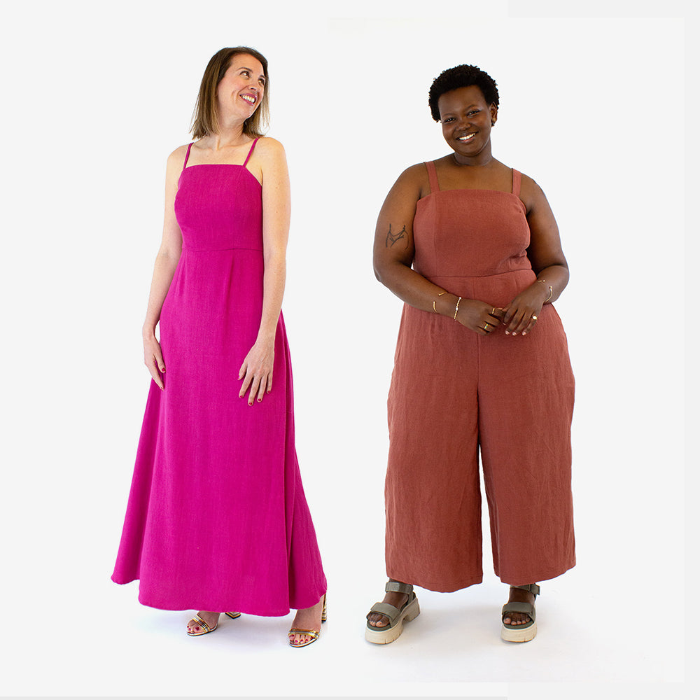 Women wearing the Lockhart Jumpsuit and Dress sewing pattern from Helen’s Closet on The Fold Line. A jumpsuit and dress pattern made in rayon/viscose challis, poplin, linen, cotton, or Tencel fabric, featuring a fitted and lined princess-seamed bodice with narrow or wide straps and a full length A-line skirt or wide leg pants.