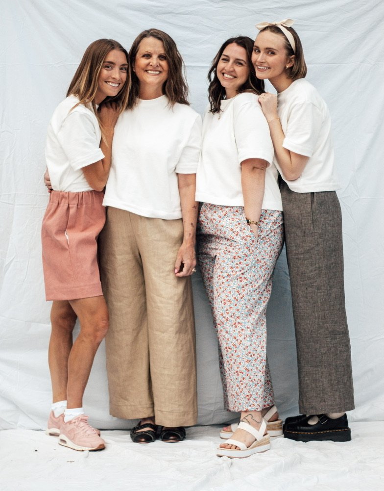 Women wearing the MADE-line Bundle sewing pattern bundle from Madswick on The Fold Line. A capsule wardrobe pattern bundle made in woven and knit fabric, including a tee, pants and shorts.
