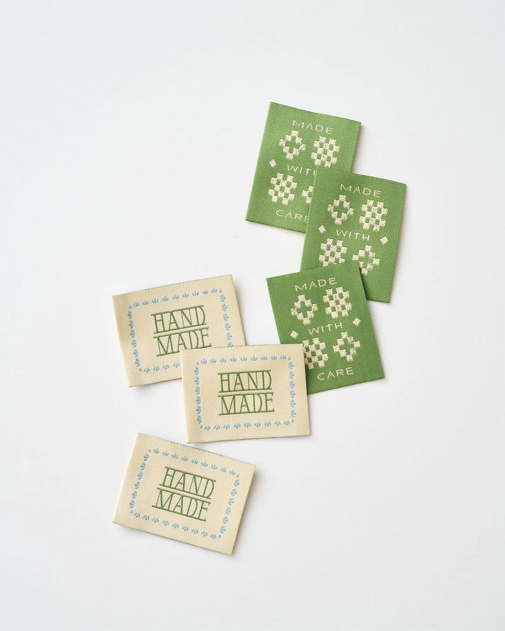 'Made with Care Sketchy Quilt Green' woven labels from Matchy Matchy Sewing Club on The Fold Line. The pack includes 6 woven labels to sew onto your handmade clothes and accessories.