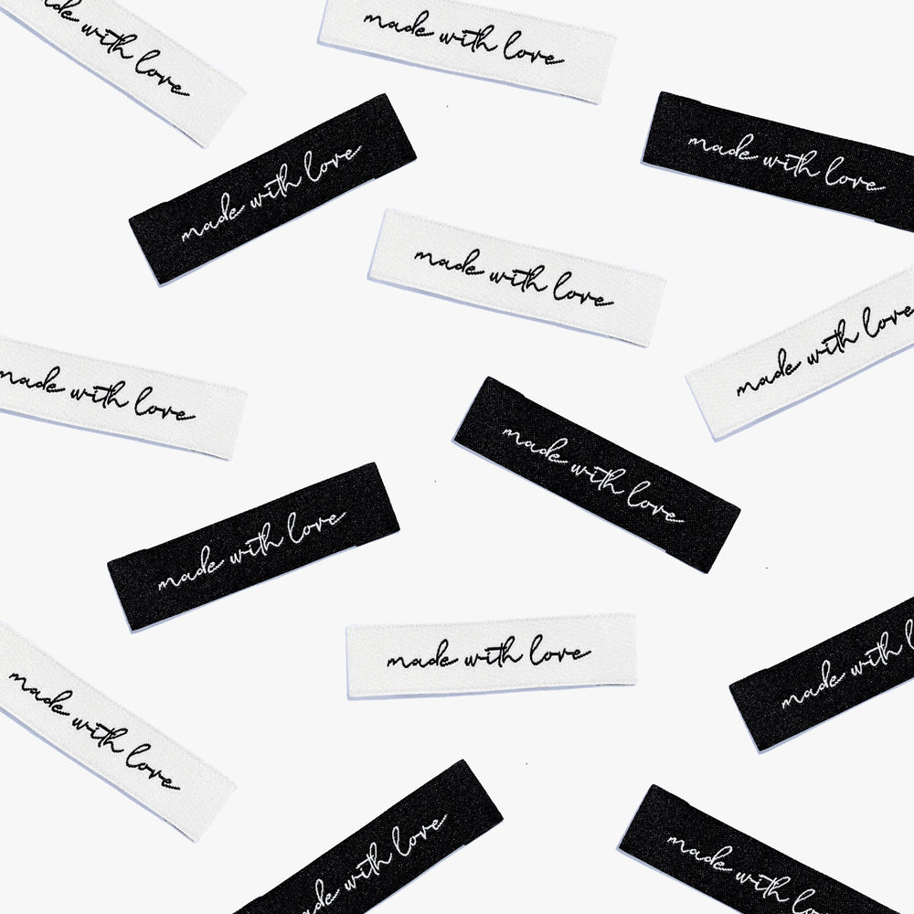 'Made with Love' woven labels from Kylie & The Machine on The Fold Line. The pack includes 6 woven labels ready to be sewn into your handmade clothes.