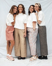 Women wearing the Madeline Bundle sewing pattern bundle from Madswick on The Fold Line. A capsule wardrobe pattern bundle made in woven and knit fabric, including a tee, pants and shorts.