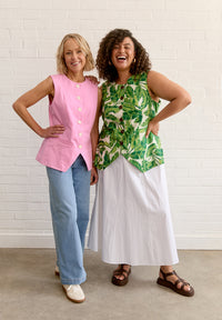 Women wearing the Marlowe Waistcoat sewing pattern from Fabric Godmother on The Fold Line. A sleeveless top or waistcoat pattern made in cotton, denim, or linen fabric, featuring a round neckline, princess seams, button front, and welt pockets.
