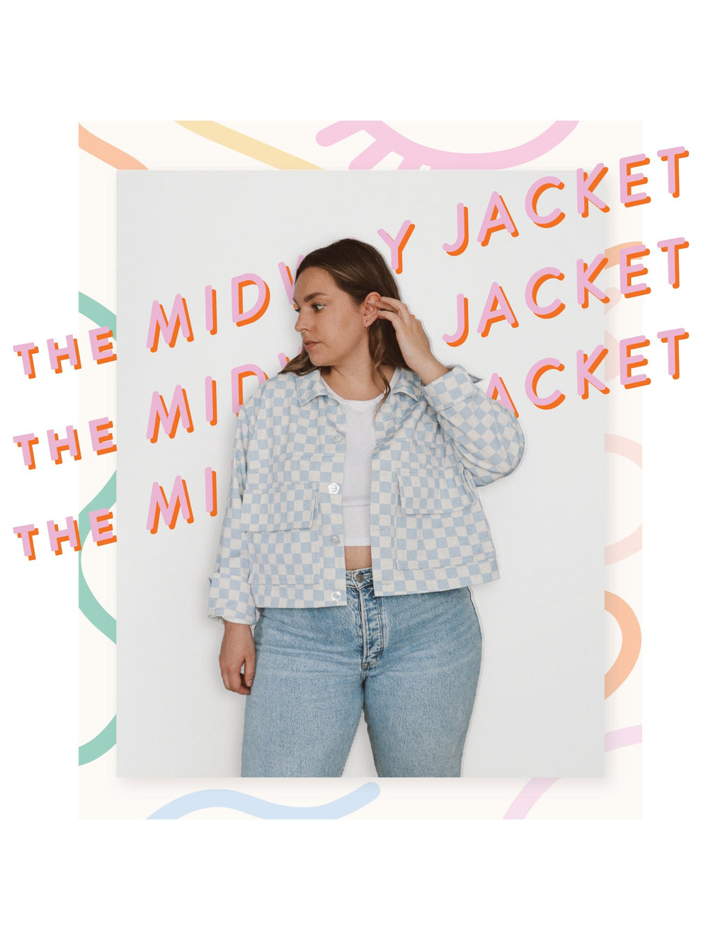 Woman wearing the Midway Jacket sewing pattern from Les Perlines on The Fold Line. A jacket pattern made in denim, canvas, twill, flannel, corduroy, cotton, or linen fabric, featuring a boxy fit, dropped shoulder, button front, tulip cuffs, double pockets, and cropped length.