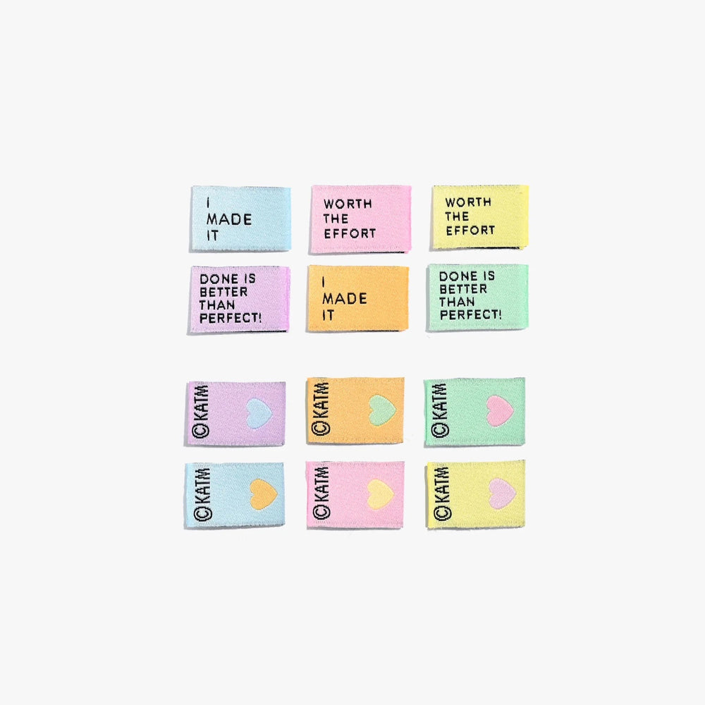 'Mighty Minis' woven labels from Kylie & The Machine on The Fold Line. The pack includes 6 woven labels ready to be sewn into your handmade clothes.