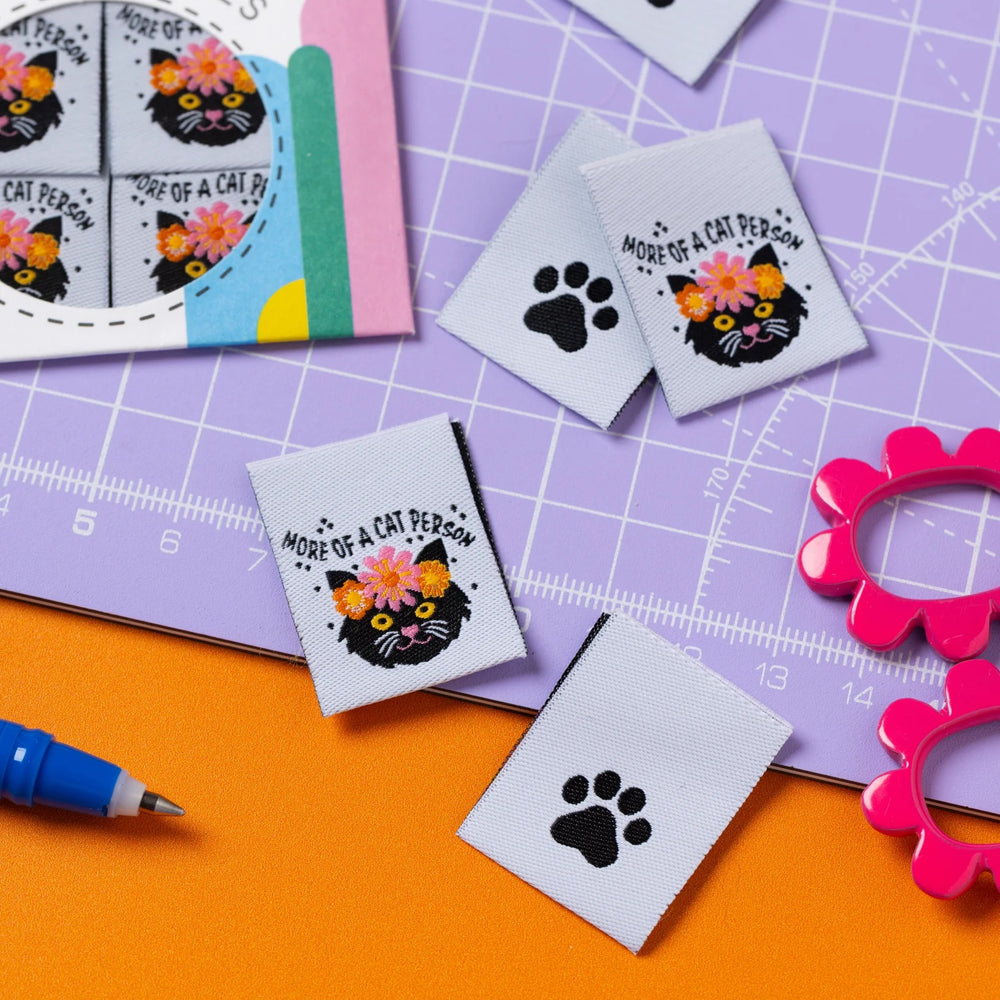 'More of a Cat Person' woven labels from Little Rosy Cheeks on The Fold Line. The pack includes 6 woven labels ready to be sewn into your handmade clothes.