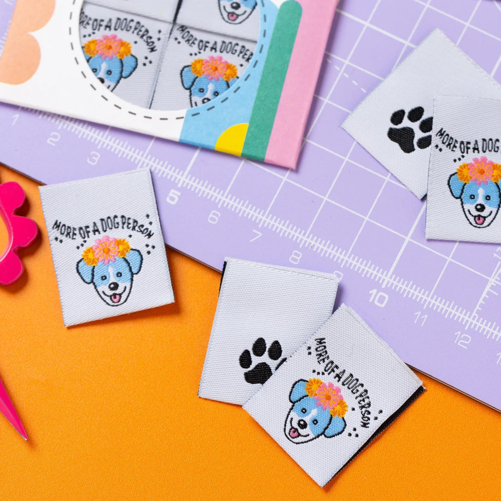 'More of a Dog Person' woven labels from Little Rosy Cheeks on The Fold Line. The pack includes 6 woven labels ready to be sewn into your handmade clothes.