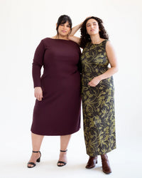 Women wearing the Nicole Knit Dress sewing pattern from BF Patterns on The Fold Line. A dress pattern made in knit fabric, featuring a midi or maxi length, sleeveless or with long sleeves.
