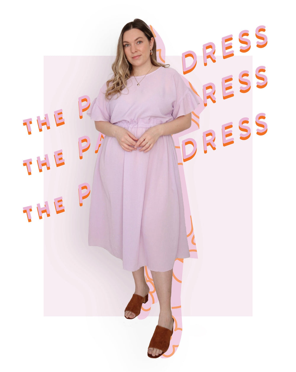Woman wearing the Palma Dress sewing pattern from Les Perlines on The Fold Line. A dress pattern made in rayon, viscose, cotton, or linen fabric, featuring an oversized fit, round neckline, dropped shoulder, flutter sleeve, ruffle elastic waistband, gathered skirt, and midi length.