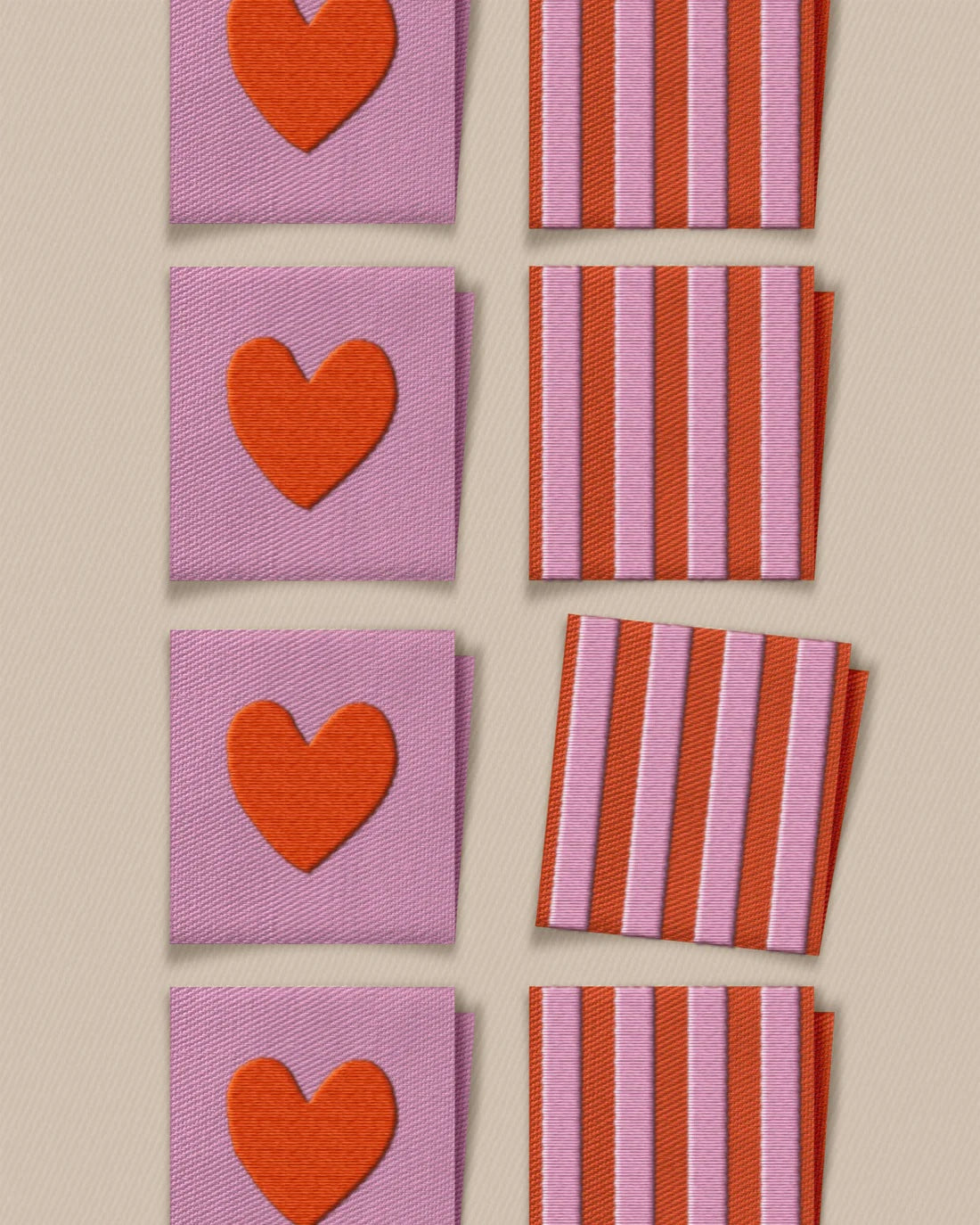 'Red Heart and Stripe Square' woven labels from Matchy Matchy Sewing Club on The Fold Line. The pack includes 8 woven labels to sew onto your handmade clothes and accessories.