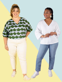 Women wearing the Samara Top sewing pattern from Tilly and the Buttons on The Fold Line. A top pattern made in cotton lawn, poplin, seersucker, double gauze, washed linen, linen-viscose blend, viscose (rayon), lyocell (tencel), or crêpe de chine fabric, featuring a relaxed fit, drop shoulders, V-neckline, mid length or full length sleeves, and cropped or hip length.